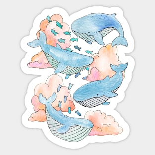 Aqua Blue Whales & Fish Swimming Within Dreamy Sunset Clouds Sticker